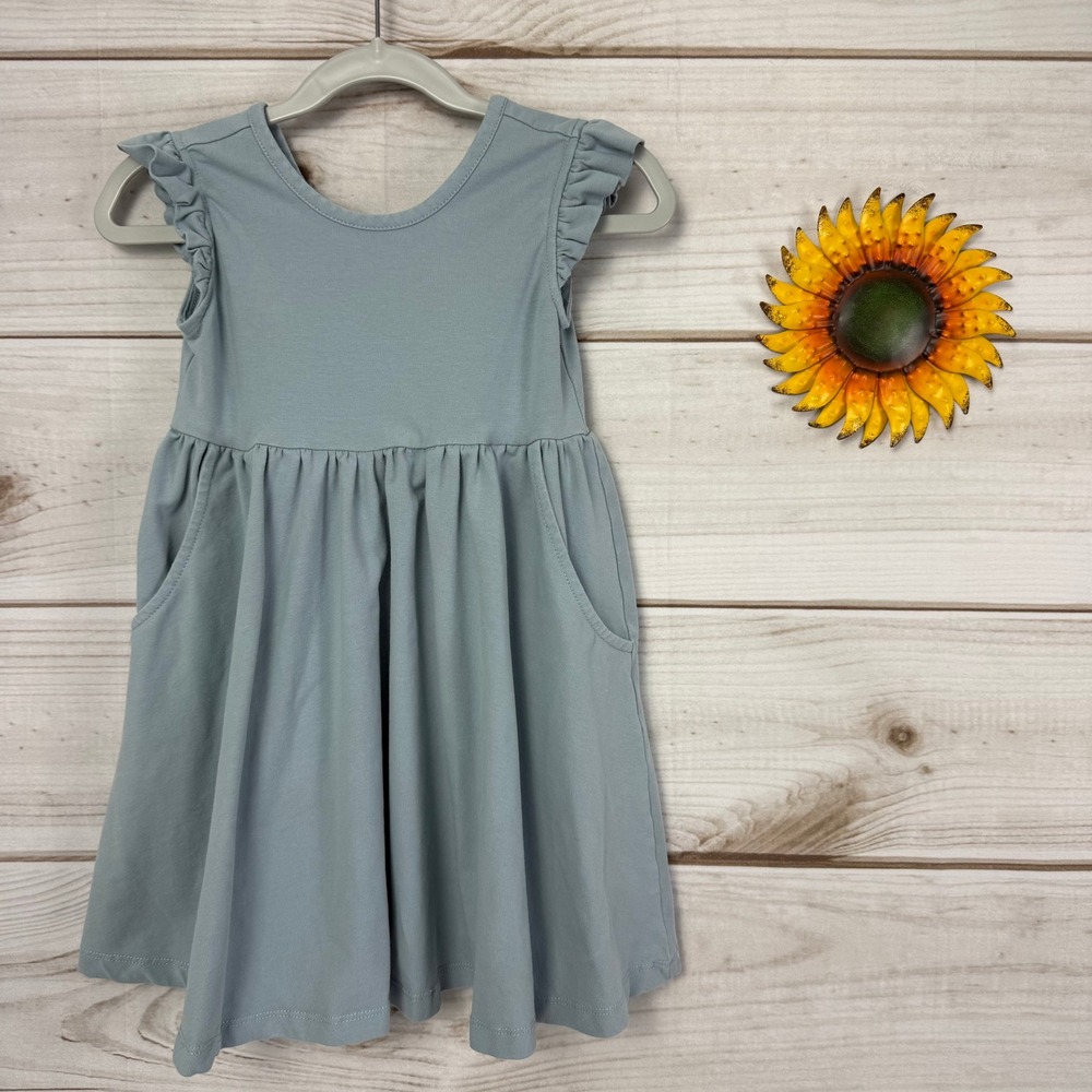 Hanna Andersson Girls Blue Ruffle Pocket Dress‎ 4